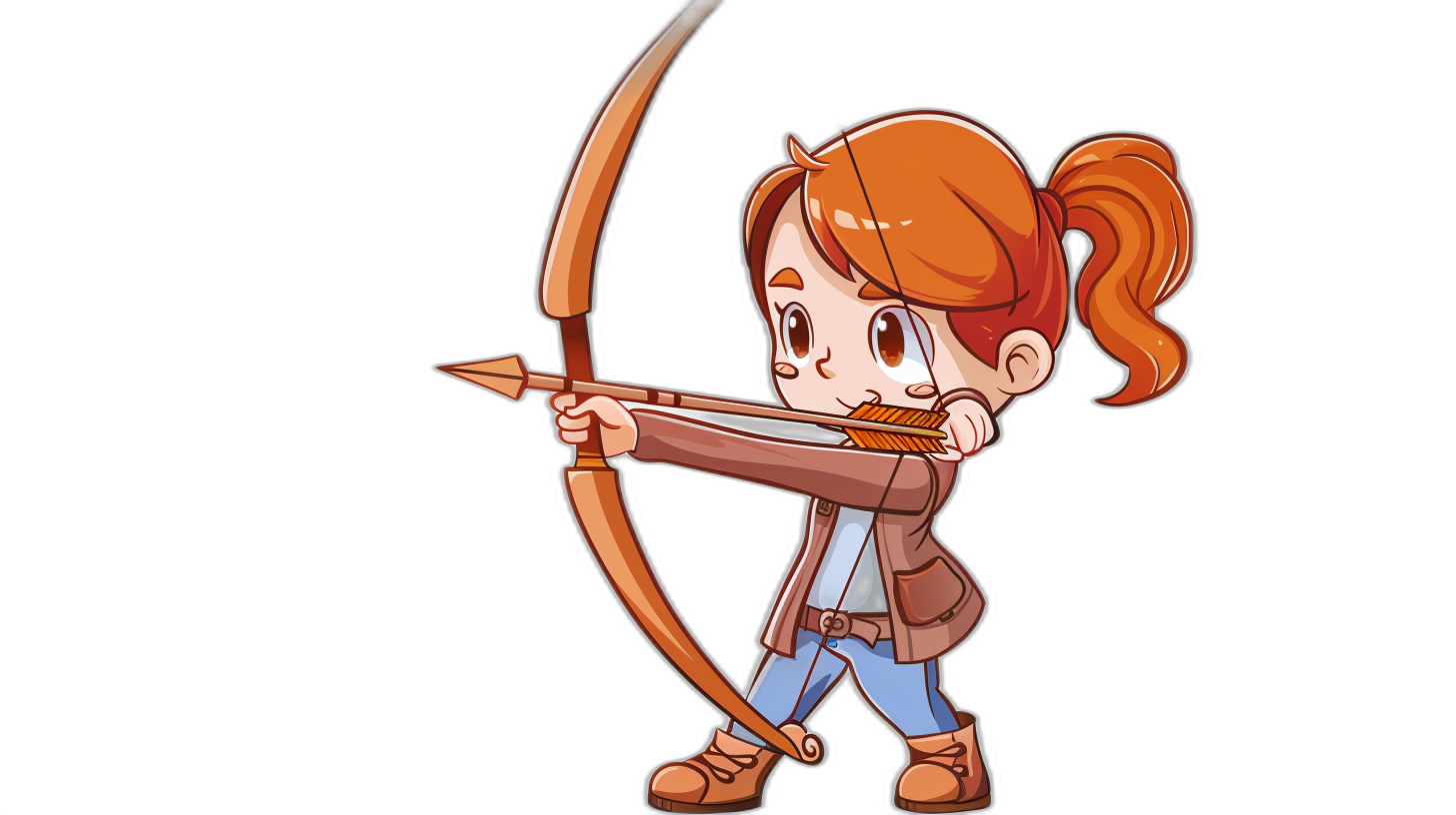 chibi style, bow and arrow in hand, cartoon character, solid black background, cute little girl with red hair, wearing brown jacket over blue shirt, brown boots, orange eyes, holding an archery string, aiming at target