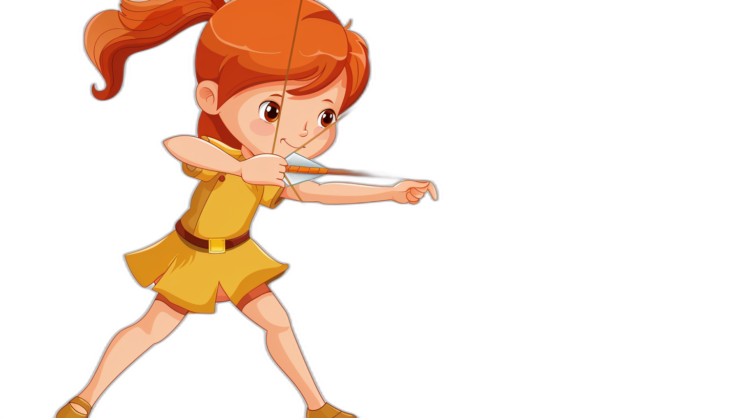 A cute little girl shooting an arrow in a simple cartoon style. She wears a yellow dress and has red hair in a ponytail. The full-body illustration is set against a black background in the style of Pixar quality vector art.