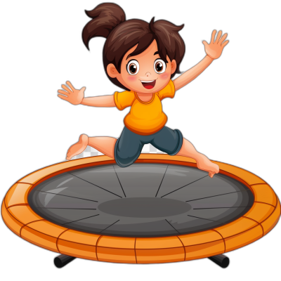 A cartoon girl jumping on the trampoline, vector illustration style with black background. The character is depicted in full body view, wearing an orange Tshirt and dark blue pants. She has her hair tied into pigtails, waving one hand while smiling happily at me. A large round brown rubber ground covered by a soft gray mat forms under it. There's no text or other elements present. This design creates a cheerful atmosphere for children to enjoy playing sports outdoors.