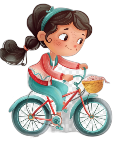 Cute girl riding bicycle with basket isolated on black background, cartoon illustration in the style of digital airbrushing, children's book illustrations, soft gradients, cute and dreamy, storybook-like, digital art techniques, vibrant caricature illustrations.