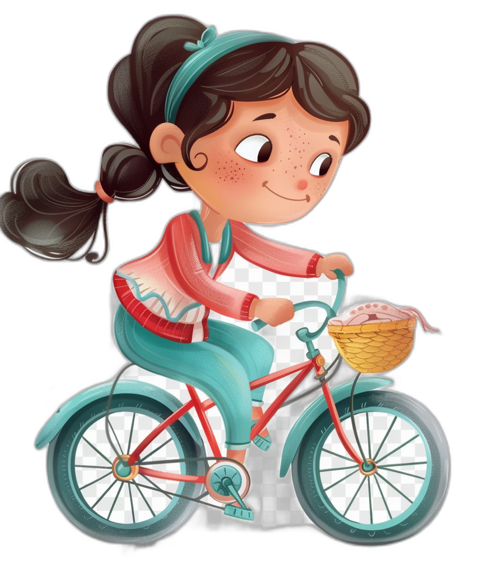 Cute girl riding bicycle with basket isolated on black background, cartoon illustration in the style of digital airbrushing, children’s book illustrations, soft gradients, cute and dreamy, storybook-like, digital art techniques, vibrant caricature illustrations.