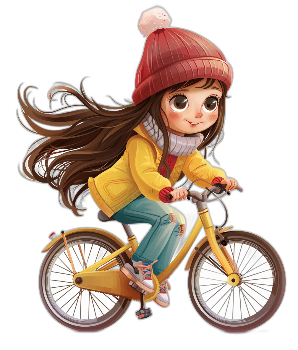 A cute girl is riding her yellow bike. She has long brown hair and big eyes, wearing a winter hat with red, in the style of chibi style. Isolated on a black background, vector illustration.