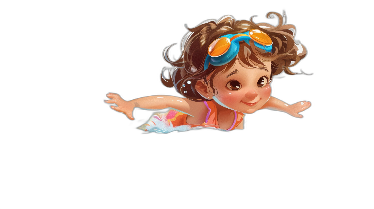 A cute little girl in a swimming suit diving down in the style of Disney. A cartoon character on a black background in the Pixar art style. A 2D flat illustration of a cute adorable baby with curly hair and big eyes wearing a colorful swim outfit with swimming goggles on her head in a cute pose, isolated on a white background with high resolution and high details in sharp focus.