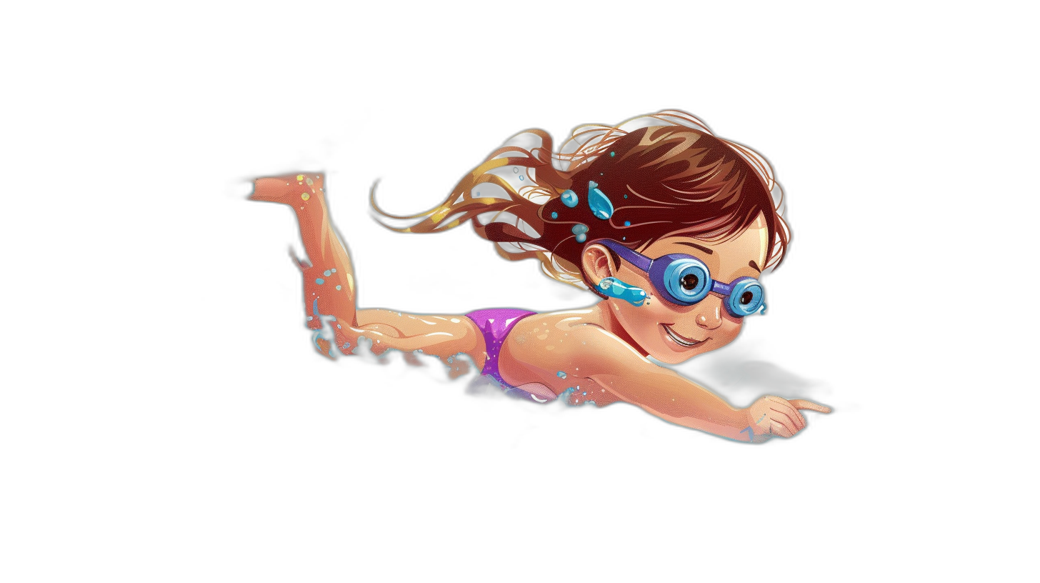 A cute cartoon girl swimmer diving into the pool, smiling, black background, swimming suit and goggles, swimming style is simple and minimalistic, digital art in the style of Disney Pixar studio, high resolution