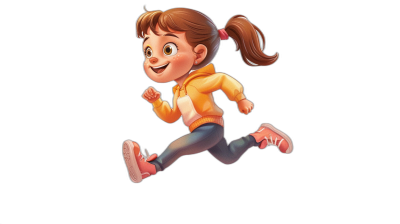 A cute little girl is running in the style of Disney, as a full body cartoon character on a black background, wearing sportswear and sports shoes, smiling with brown hair tied into pigtails. She has an animated face in the style of Pixar, with her eyes wide open and mouth slightly closed to show the happy expression of cheerful laughter. The scene captures her dynamic movement as she runs at high speed. Cartoon character design, 3D rendering, with high resolution and high details.