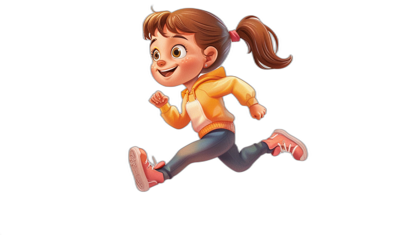 A cute little girl is running in the style of Disney, as a full body cartoon character on a black background, wearing sportswear and sports shoes, smiling with brown hair tied into pigtails. She has an animated face in the style of Pixar, with her eyes wide open and mouth slightly closed to show the happy expression of cheerful laughter. The scene captures her dynamic movement as she runs at high speed. Cartoon character design, 3D rendering, with high resolution and high details.