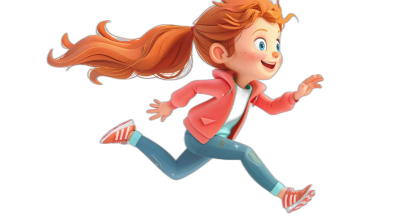 A girl with red hair, wearing blue jeans and a pink jacket is running happily in the air. She has long legs in the style of cartoon style with Disney Pixar animation against a black background.