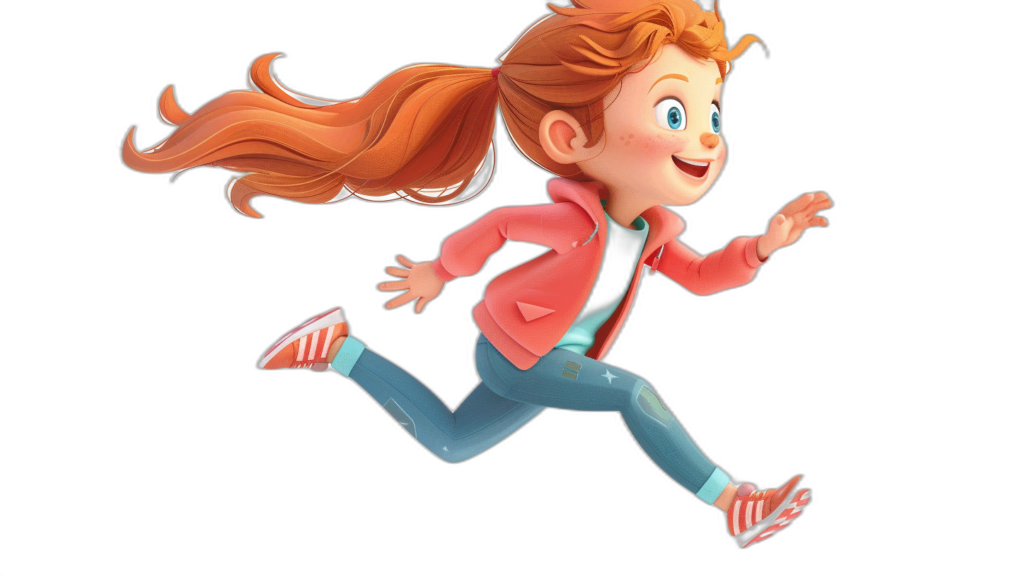 A girl with red hair, wearing blue jeans and a pink jacket is running happily in the air. She has long legs in the style of cartoon style with Disney Pixar animation against a black background.