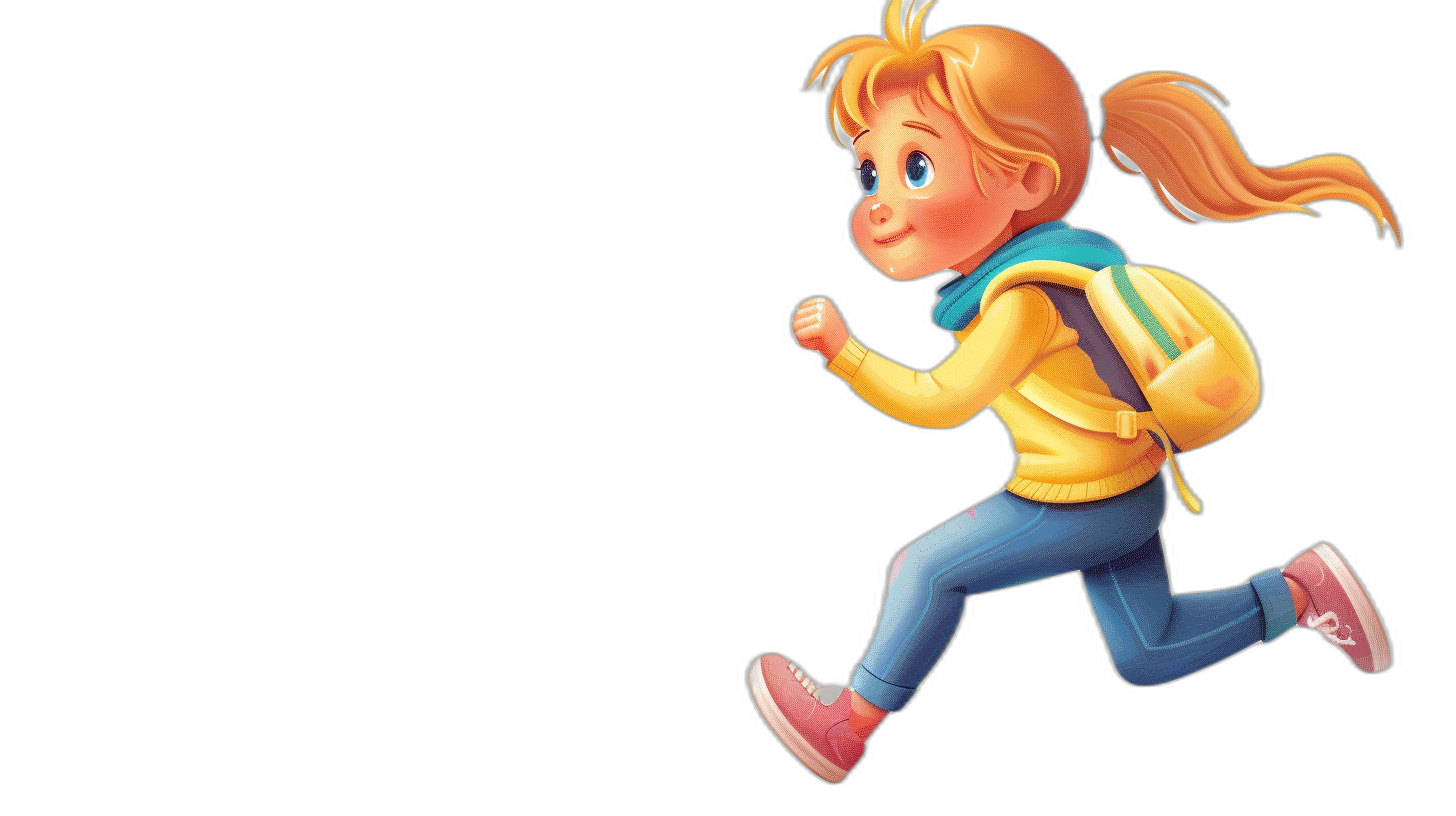 A cartoon girl is running with her backpack on a black background, in a 2d illustration style with a simple design using vector graphics. The illustration uses simple lines and shapes with cute character designs and simple colors. It resembles colorful animation stills with flat shading and high resolution for a clean appearance. A full body portrait shows a little blonde schoolgirl in blue jeans and pink shoes, wearing a yellow sweater and carrying a brown bag as she goes to the left side of the screen from a side view. The design uses simple lines and shapes with full color in the style of simple designs.