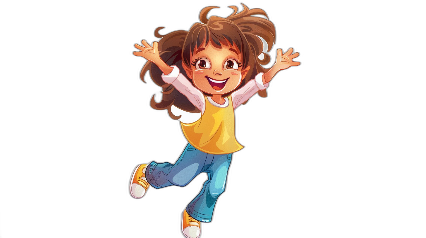 A cute little girl is jumping up and down, with brown hair, a yellow top, blue jeans, and a white long sleeve, smiling happily. The design is in the style of a Disney cartoon character with a black background, high definition resolution, bright colors, lively expressions, and cheerful movements creating a warm atmosphere.