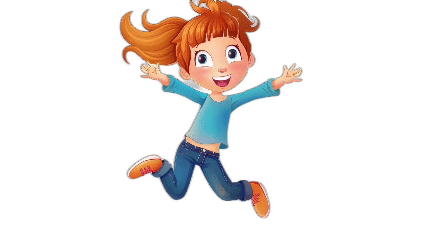 A young girl with red hair in jeans and a blue tshirt, jumping up high on a black background, in the cartoon style, in the style of Disney Pixar, like a cartoon character design sheet, with simple lines, simple color blocks, simple details, as a full body shot, as a flat illustration, with high resolution, high detail, high quality, rendered in 3D, with high texture detail, high resolution, high quality, high sharpness, high contrast, high saturation, solid colors, on a black isolated background.