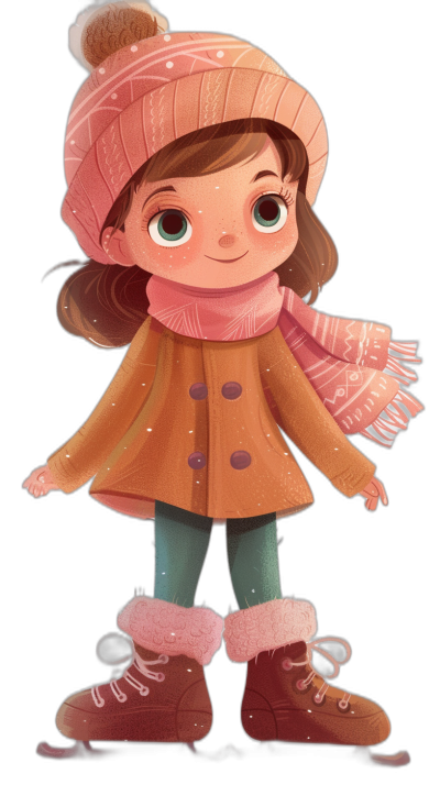 A cute little girl in winter , full body character design in the style of cartoonist [Ben Aronson](https://goo.gl/search?artist%20Ben%20Aronson) on a black background, flat color illustration with flat shading and pastel colors, pink coat and scarf with brown boots, big eyes, wearing a hat.