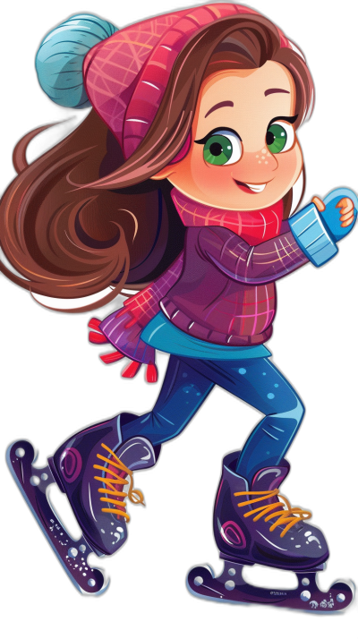 Cute cartoon girl ice skating with purple skates, wearing winter  and gloves, green eyes, long brown hair in pigtails, pink hat on her head, in the style of clipart style isolated on a black background, digital art