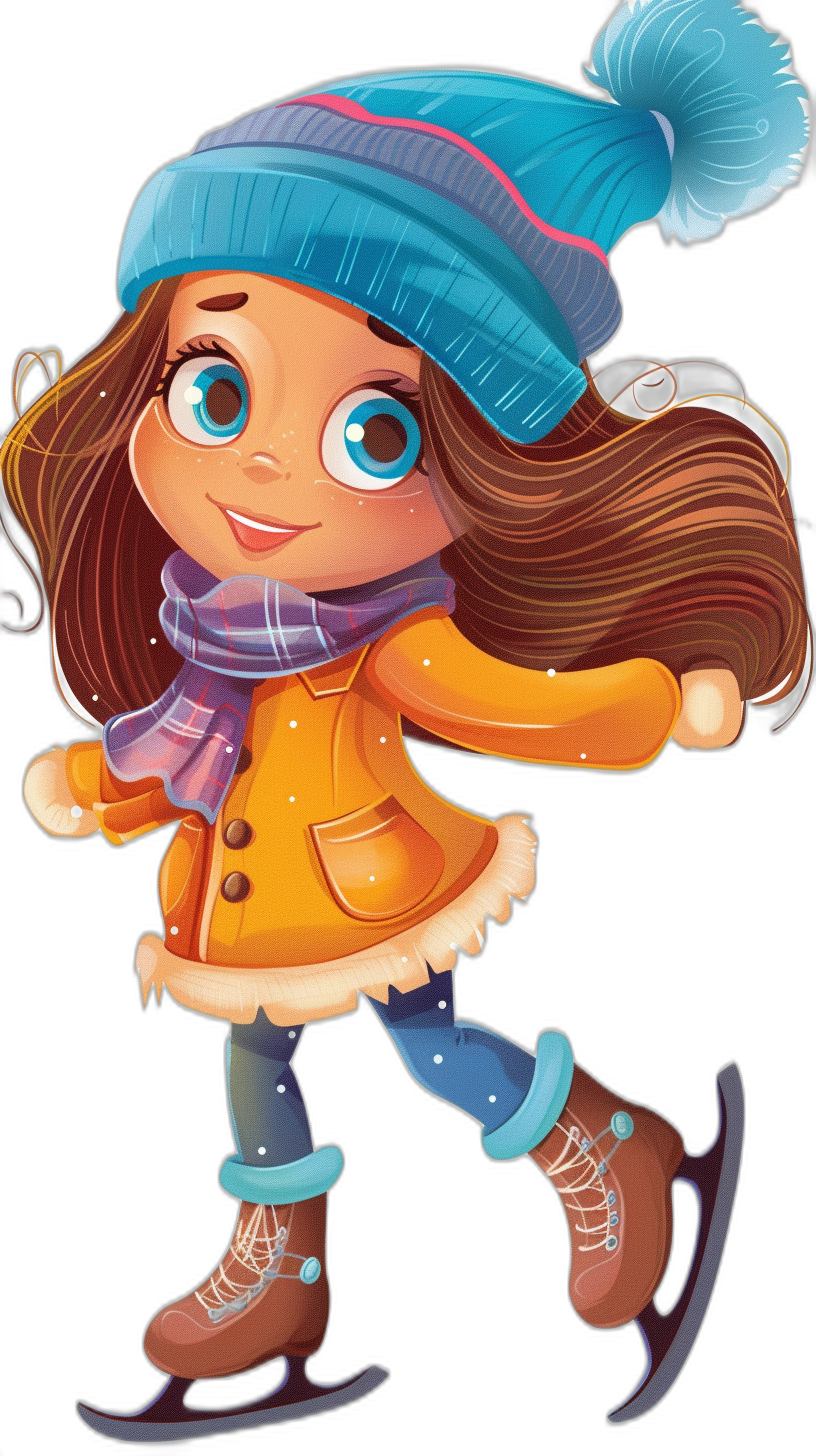 Cute girl on ice skates, cartoon style with flat design, clip art for stickers, black background, wearing winter and hat, big blue eyes, smiling, long brown hair, scarf around neck, coat over top of dress, gloves worn to keep hands warm while skating, ice rink in the background, vibrant colors, playful atmosphere.