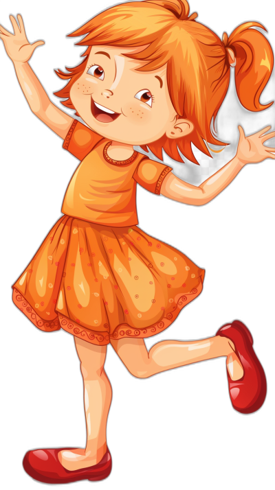 A cute little girl with red hair in an orange dress and shoes is dancing, smiling cartoon style, vector graphics, simple black background, high resolution, no shadows on the body, fulllength, legs up, head tilted to one side, hands raised above her head, bright colors, red lips, red shoes, pink gloves. She has short pigtails ponytails. Her face should be happy and joyful. The eyes of both children must look directly at you. It's set against a pure white background. No shadow or shadow behind it.