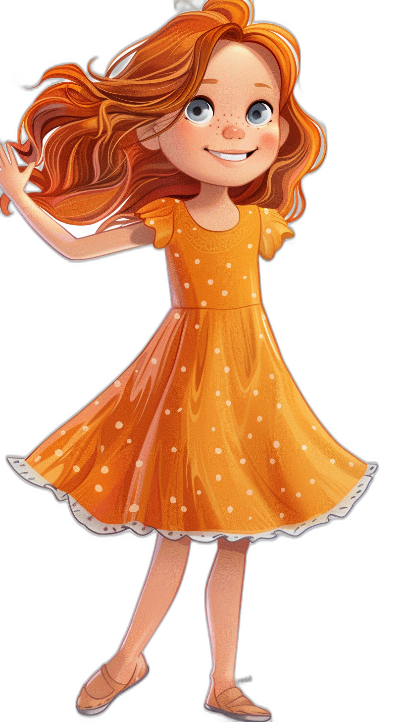 A full body Pixar style cartoon of the most adorable girl with long red hair and blue eyes wearing an orange dress, dancing against a black background, cute with a big smile and happy expression, white polka dots on her , fully colored in the style of Pixar.