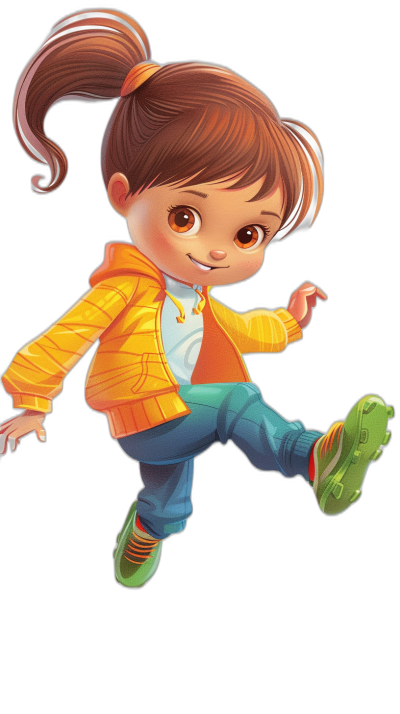 A cute little girl with short brown hair in pigtails, wearing an orange jacket and blue pants is jumping up and down in the style of Pixar, Disney cartoon character on a black background with colorful shoes. Full body portrait in 3D rendering with bright colors, high definition, high resolution and high details. Best quality.