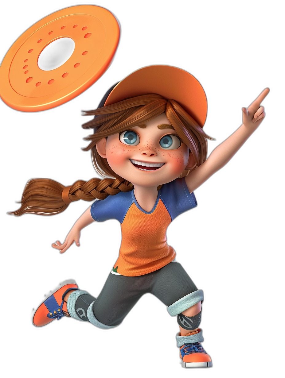 A young girl in an orange cap and blue T-shirt, wearing gray pants with black shoes on her feet throwing the frisbee forward. The character is depicted as lively and energetic, with long brown hair tied back into two braids, big eyes and rosy cheeks. She has one hand raised to throw while smiling at the camera. Black background. Pixar style cartoon 3D render. A large bright red frisbee flies around in the style of Pixar.