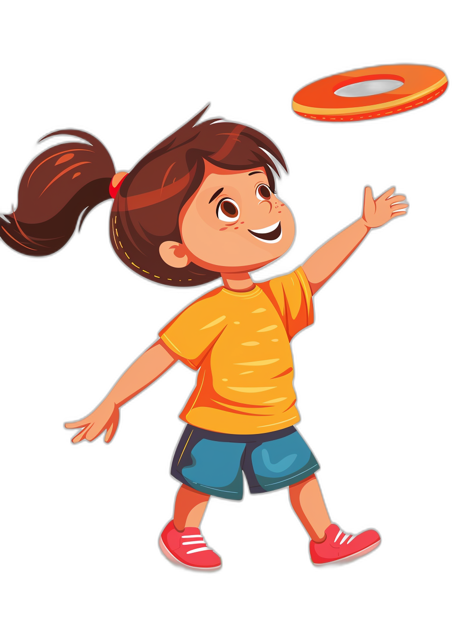 A cute little girl is playing frisbee. This is a simple flat style illustration in the style of a cartoon character design. The girl is depicted with colorful  against a solid color black background. The illustration uses simple lines and is simple and clean with best quality details and high resolution.