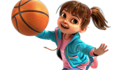 A cute little girl with brown hair in pigtails, wearing a blue and pink jacket is playing basketball in the style of Disney Pixar, with a black background and the character rendered in 3D.