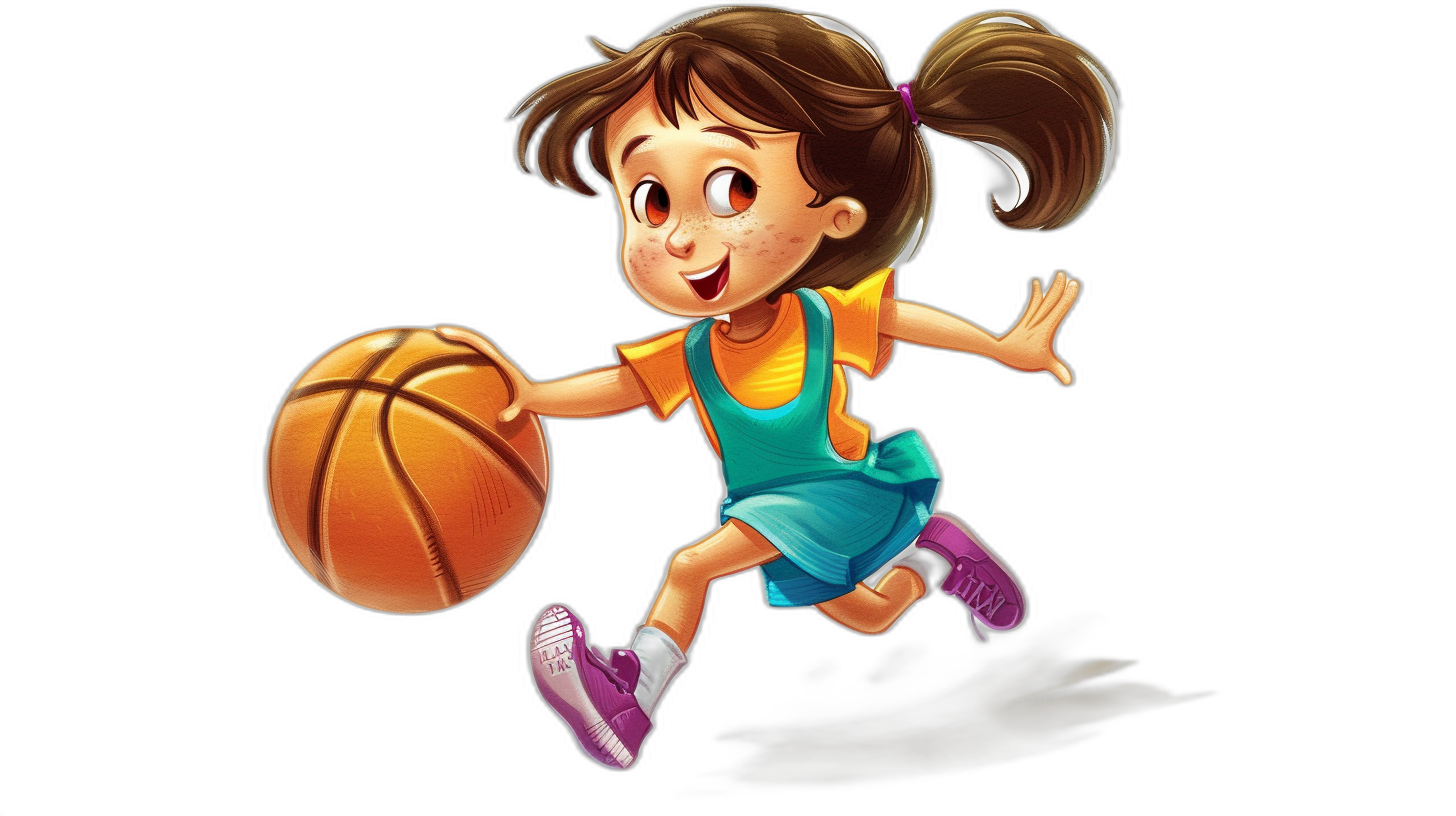 A cute little girl playing basketball in a cartoon style on a simple black background with a Disney Pixar animation character design in a full body shot at a high resolution with 3D rendering. She is colorful with sneakers and big eyes with a smiling face wearing pink shoes. The ball is flying in the air. She has long brown hair with pigtails tied into two ponytails. Her outfit includes an orange shirt underneath blue shorts and purple Nike Air Jordan football boots. Full color on a black background.