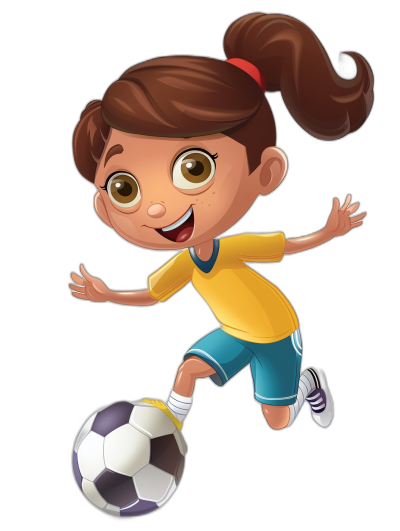 A cute cartoon girl playing soccer in the style of clip art, in the style of black background, no shadow, clean and sharp in detail.