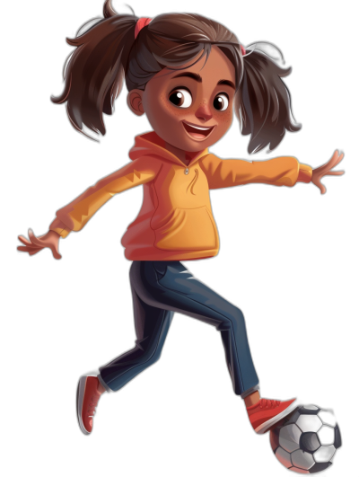 A young girl in her late teens of Indian descent with dark brown skin color and hair is playing soccer wearing an orange hoodie, blue jeans, and red shoes. She has two ponytails and smiles as she runs after the ball. The illustration style should be in the style of Pixar Disney's cartoonish character design, isolated on a black background.