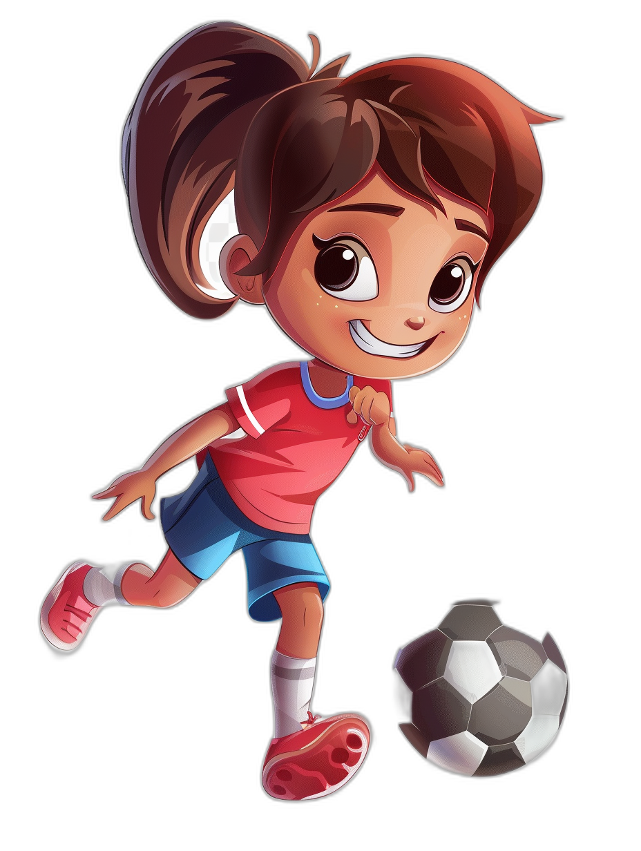 Cartoon style, chibi character of an adorable little girl playing soccer with a ball and red tshirt, blue shorts and pink shoes on a black background. The young female is smiling brightly while dribbling the football. She has short brown hair in pigtails and big eyes. A cartoon illustration of her playing soccer with the soccer ball and wearing white sneakers in the style of a cartoon. Isolated on a black background.