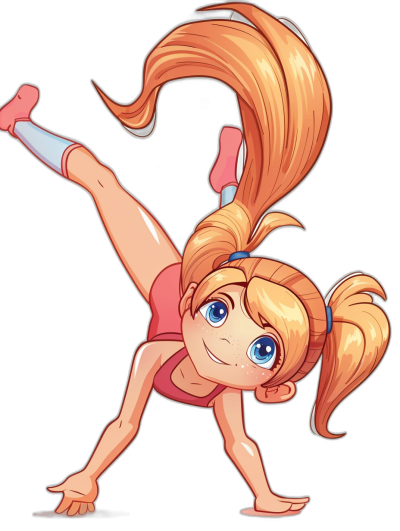 A cartoon character of Mearo from the Street Fighter game doing a handstand against a black background. A full body shot shows her with blonde hair in a ponytail with bangs and blue eyes, wearing a pink top and red shorts in the style of vector art.