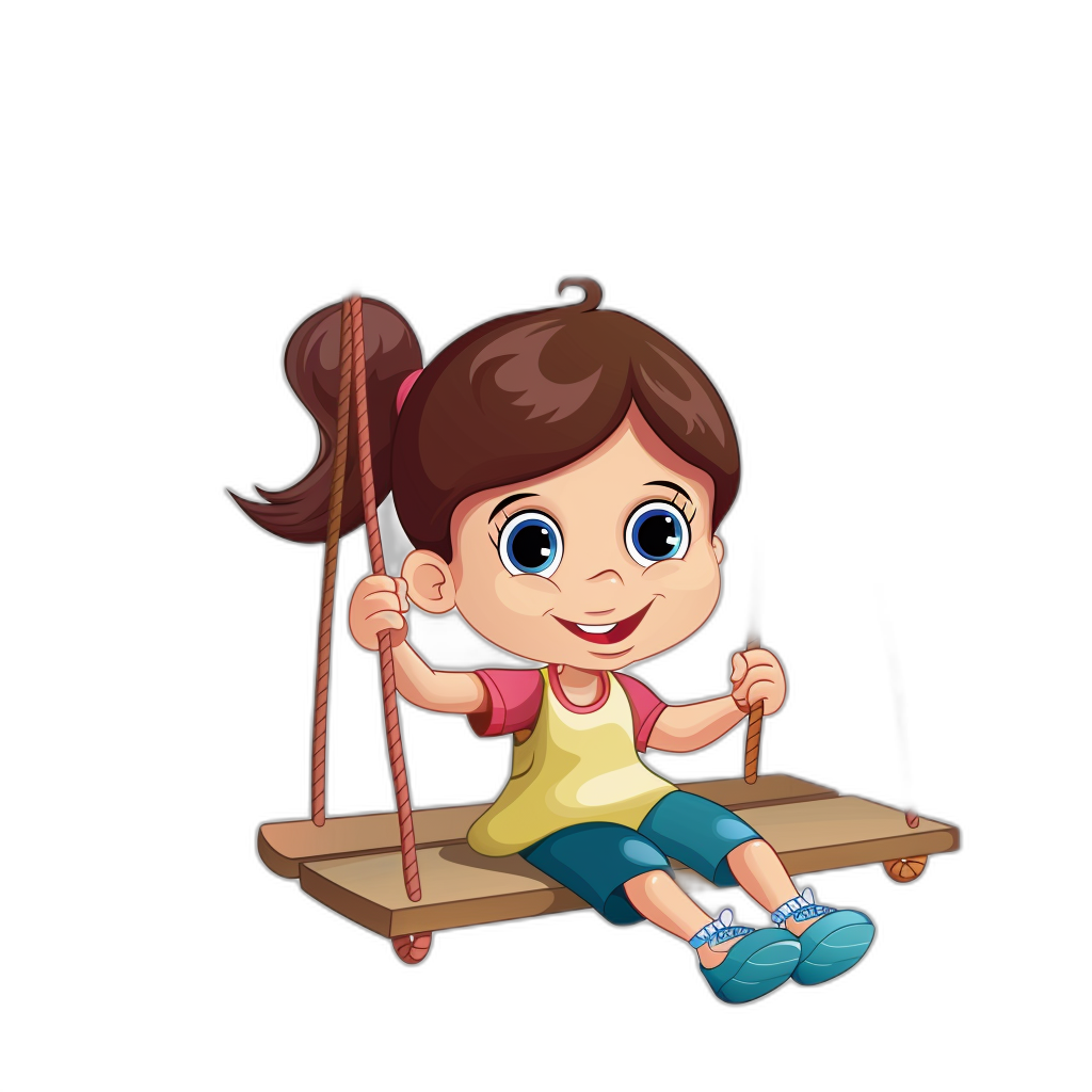 A cute little girl is sitting on the swing, cartoon style vector illustration with black background. She has big eyes and brown hair in pigtails. The baby wears blue shoes and smiles happily while swinging from left to right. A wooden swingshuman character design with white outline stroke. Isolated vector illustration of children’s book illustrations, Isolate on plain black background, full body portrait