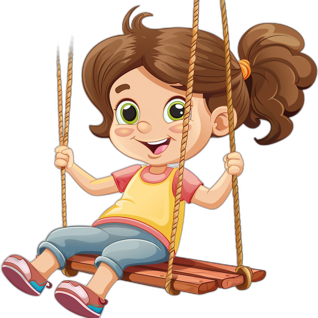 cartoon girl swinging on a wooden swing, in a clip art style with a black background, with big green eyes, a cute and happy face, in the style of a cartoon vector illustration, wearing a yellow shirt, blue jeans pants, pink shoes, with long brown hair in a ponytail hairstyle, with white teeth smiling.