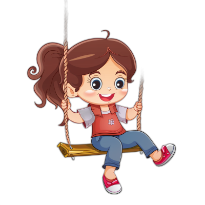 A cute little girl is sitting on the swing, smiling happily. The vector illustration is in the style of a simple design with a black background. She has big eyes, long brown hair tied in pigtails, wearing red shoes, blue jeans, a white T-shirt, and an apron with cartoon character elements. The composition centers her full body around a wooden flying rope. She can wear sneakers or pink slippers to match her .