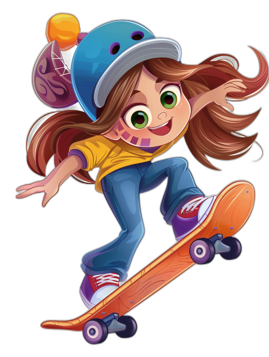 A cartoon girl is skateboarding, with bright eyes and flowing hair wearing blue jeans, yellow Tshirt, purple shoes, white cap hat, colorful skateboard, simple background, black background, game character design, 2D flat style, highdefinition quality, high resolution, high details, best quality