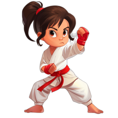 cartoon style, chibi art of young girl in karate outfit with red belt doing kick pose on black background, 2D game asset. The artwork depicts a young girl in a karate outfit with a red belt doing a kick pose in the style of chibi art on a black background and could be used as a 2D game asset.