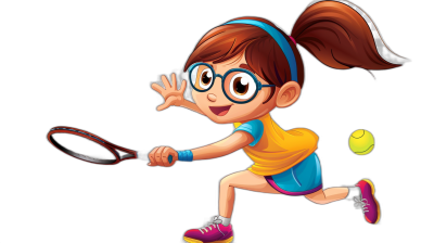 cartoon girl playing tennis, vector style, colorful and shoes, big eyes, cute hair with blue headband on the forehead, wearing glasses, hitting ball with racket, black background, cartoon illustration, simple lines, simple drawing, vector graphics, bright colors, high resolution, high quality, high details, high detail rendering, high definition, sharp focus, high detail, high resolution, high resolution, high detail