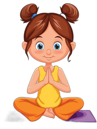 A cute cartoon girl doing yoga, vector illustration with black background. She has two buns on her head and is wearing yellow with orange pants underneath. Her hands should be in the prayer position while sitting down or lying flat to create an adorable clip art style. The overall theme of his design highlights him practicing gentle yoga poses for kids aged five years old., focus stacked, flat lay,