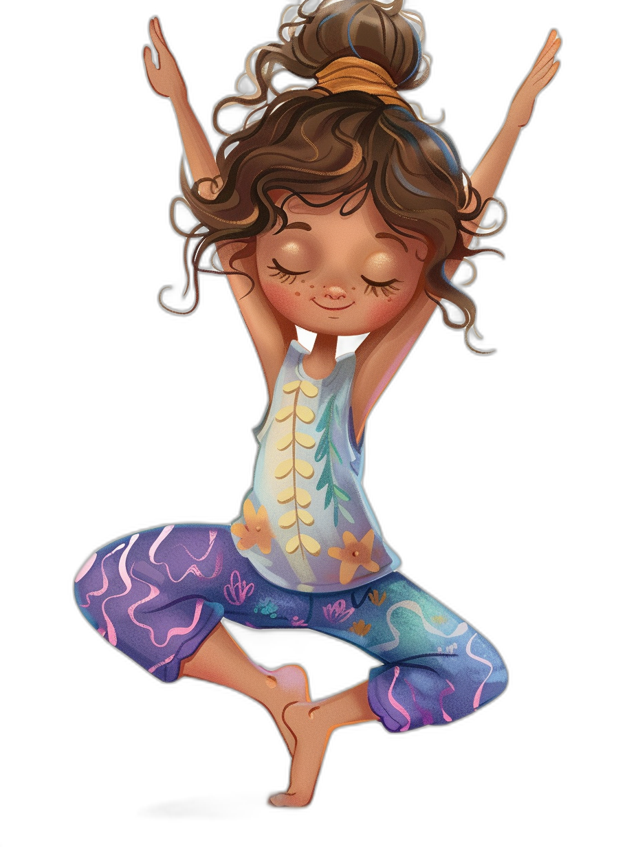 A cute little girl doing yoga in the style of clipart on a black background. The digital art has a Pixar-inspired character design.