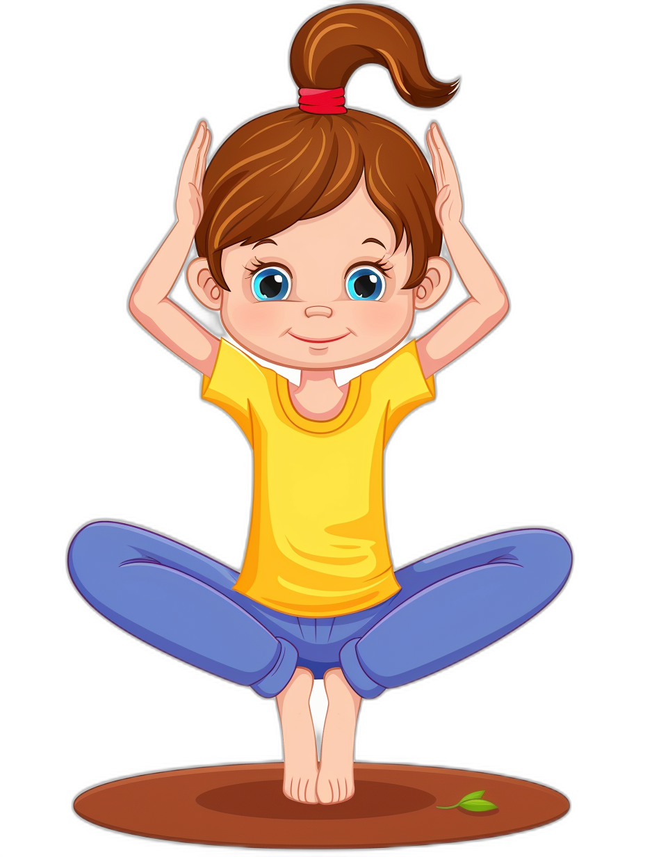 cartoon of cute little girl doing yoga, in a clip art style, on a black background