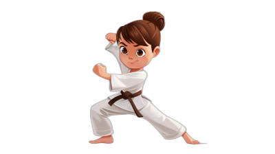 Cute little girl doing karate in the style of a cartoon character design with a black background as a full body drawing, with brown hair in a bun and wearing a white outfit.