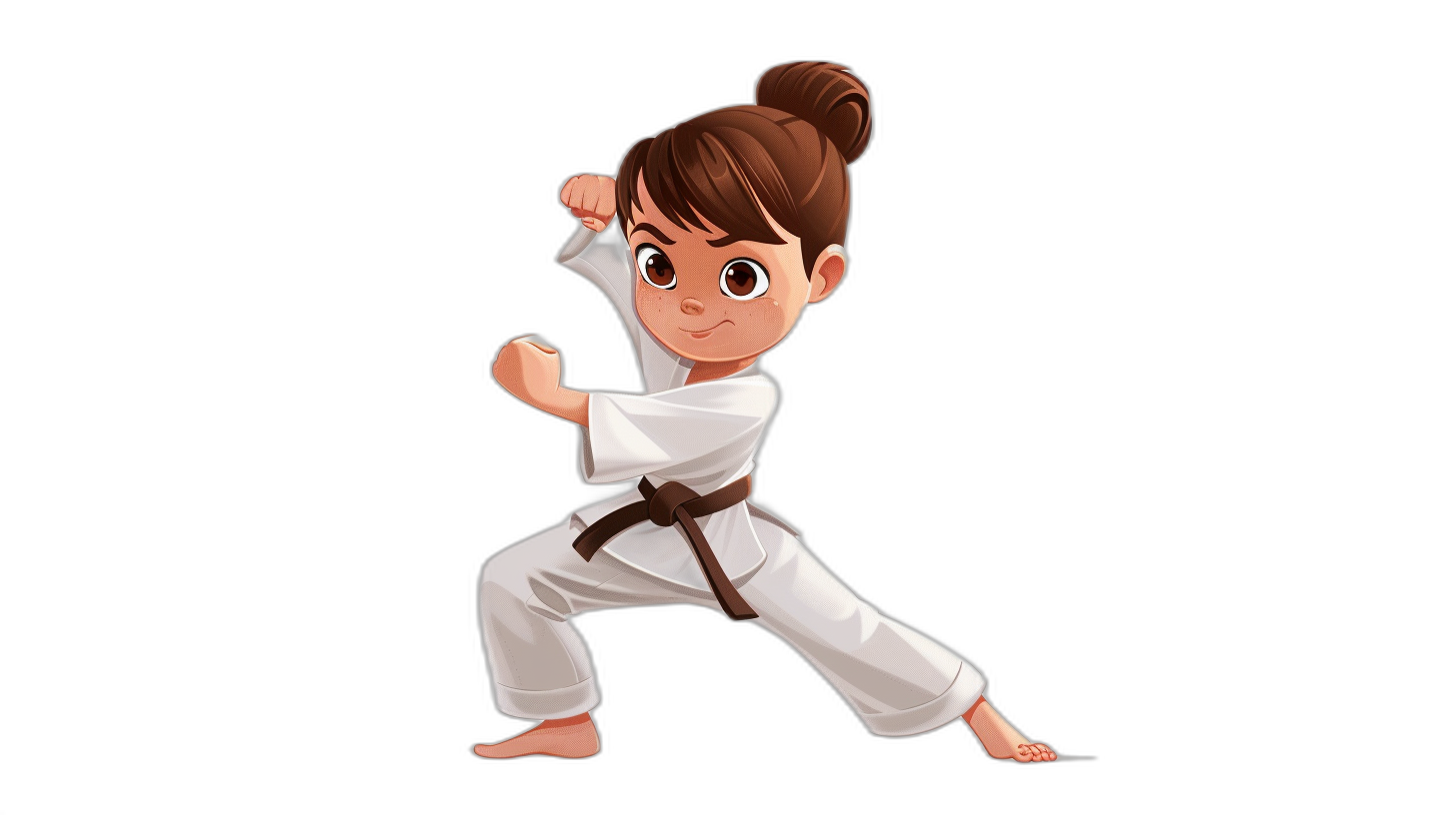 Cute little girl doing karate in the style of a cartoon character design with a black background as a full body drawing, with brown hair in a bun and wearing a white outfit.