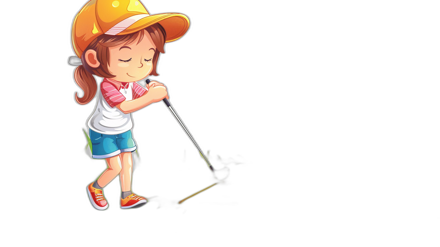 A cute little girl playing golf in the style of a cartoon, with simple lines against a black background. The graphic design is high resolution, high detail, and high quality.