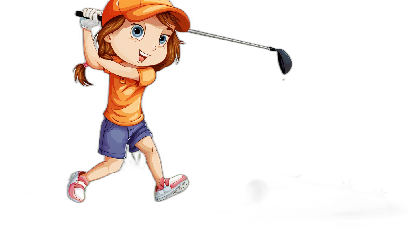 A cute little girl playing golf in the style of a cartoon, with a simple drawing on a black background. It is a full body shot of her wearing an orange shirt and blue shorts, and an orange cap, as she swings the golf club to hit the ball, with a happy expression. The drawing uses simple lines with clear details and bright colors to create a lively atmosphere.