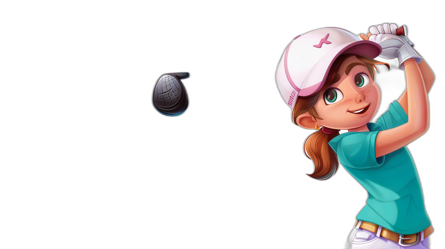 A cartoon girl playing golf against a black background in the style of a cartoon. She is wearing a white cap and a teal shirt with pink accents as she hits the ball towards the camera.