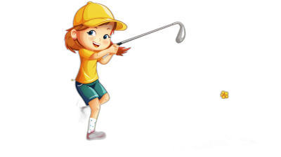 cartoon girl playing golf, yellow cap and blue shorts, swinging club in the air, black background, simple design, in the style of Pixar cartoon