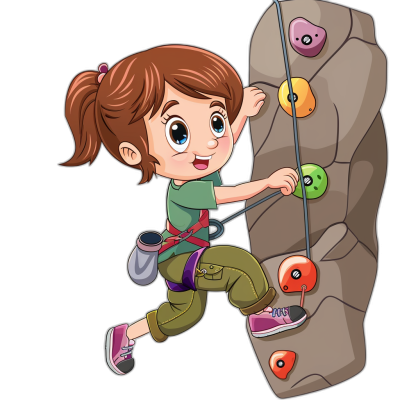 A cartoon girl climbing a rock wall with climbing equipment in the style of clip art, black background color.