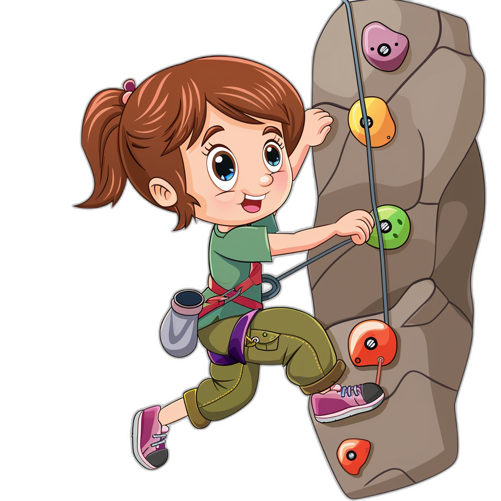 A cartoon girl climbing a rock wall with climbing equipment in the style of clip art, black background color.