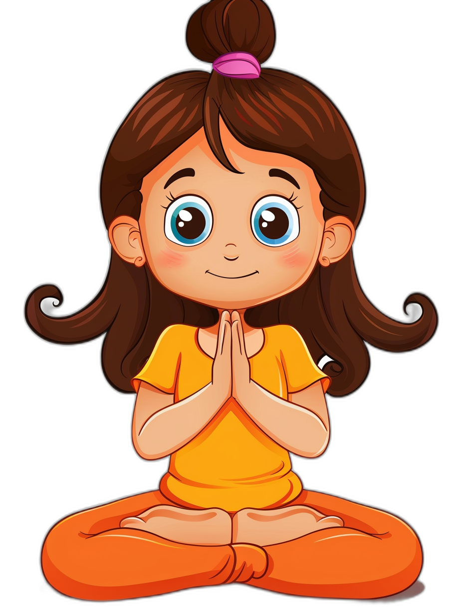 A cute little girl doing yoga in a simple cartoon style. This vector illustration has a black background with a flat design. She is wearing an orange T-shirt and has dark brown hair in pigtails with bangs. She has big blue eyes and is smiling while sitting cross-legged on the floor in a praying pose. Her hands each have five fingers. The overall color scheme of her  appears to be yellow. This character may represent health or wellness in general.