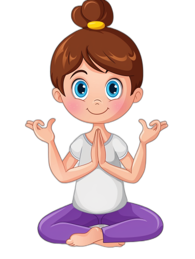 cartoon of a cute little girl doing yoga, vector illustration on a black background, a white t-shirt with purple pants, big blue eyes and brown hair in a bun in the style of a cartoon, hands folded at the chest in prayer, mouth open smiling