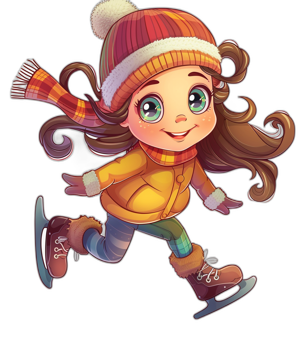 A cute little girl is ice skating, wearing winter  and a hat with a scarf. She has long brown hair, big green eyes, smiling brightly as she glides across the rink in her skates. The illustration style should be cartoonish and vibrant, with bright colors and soft lines to capture its adorable essence. Isolated on a black background, in the style of a cartoon.