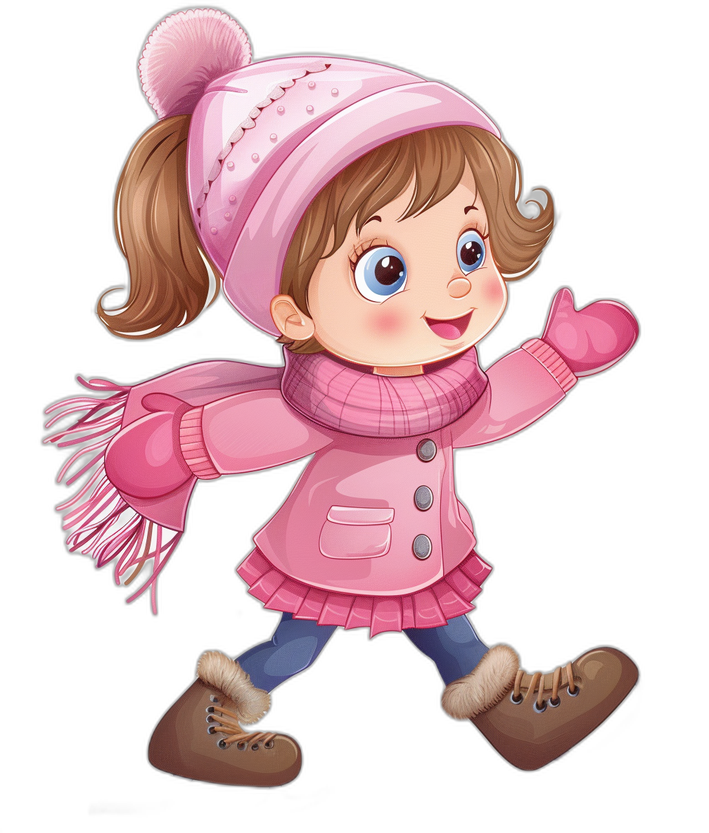 A cute happy cartoon girl wearing pink winter , walking and waving her hand in the air, in the style of clip art with black background